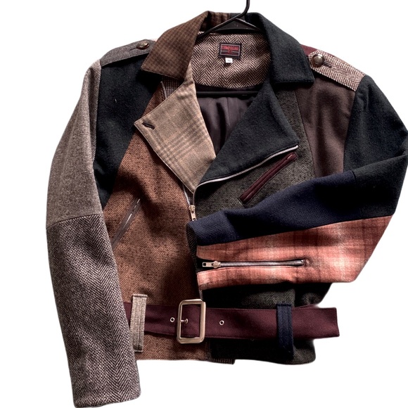 80s VTG Compagnie Wool Bomber Jacket mixed fabric’s Asymmetrical Sz S - Picture 1 of 8